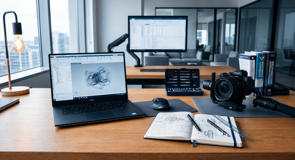 Tasarım masasında CAD ekranı, eskiz defteri ve ölçüm araçları